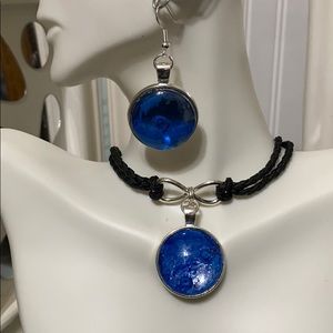 Blue Leather Cabochon Necklace Set